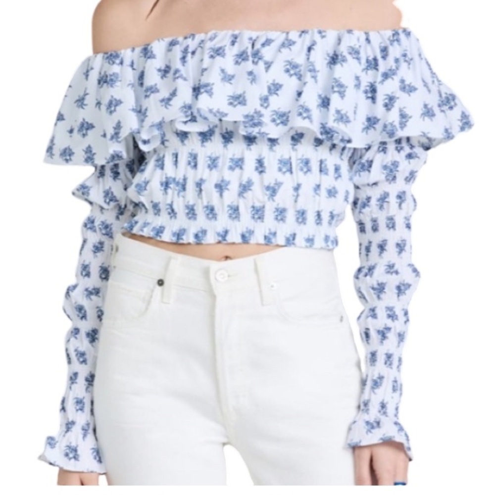 NWT Caroline Constas Lydia Top Blue Toile Spot